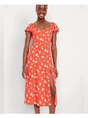 Floral Split Midi Dress in Orange